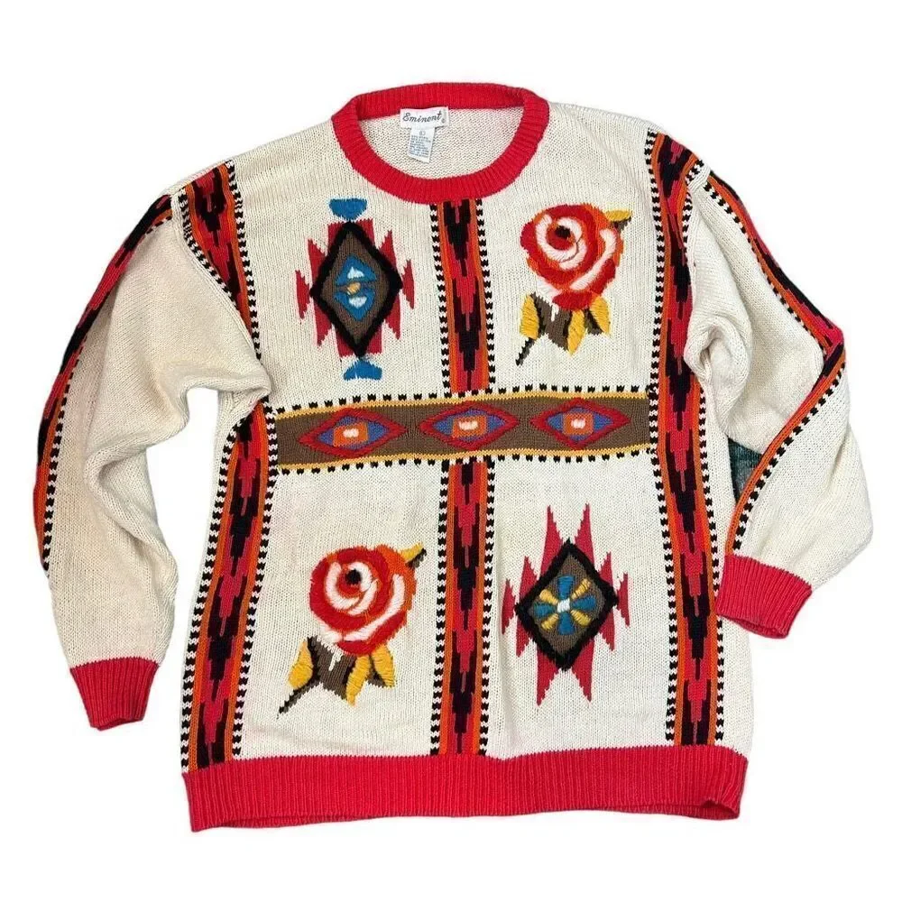 Emminent Womens Folk Art Embroidered vintage Crewneck Sweater Southwesterb Large